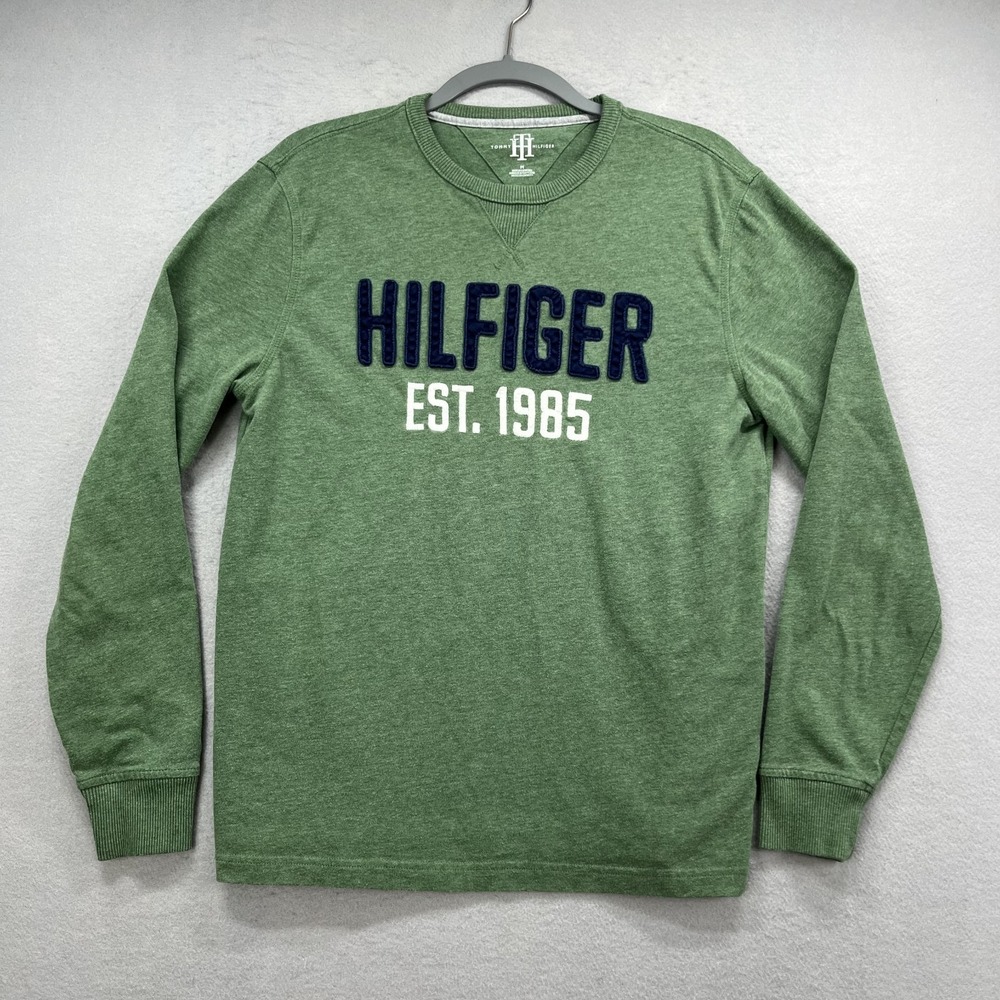 Tommy Hilfiger Sweatshirt Mens Medium M Green Crewneck Spell Out Est 1985 Preppy
